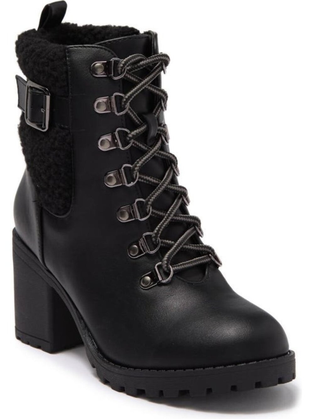 Top Moda Pluto Heel Boots Buckle Lace Up Lug Sole Booties Black Size 6.5 NEW